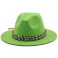 Detail of neon green wool fedora hat featuring a colorful ethnic style braided band - M (56-58cm) / Ethnic Jazz Hat / Fruit Green