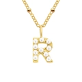 Gold letter R pendant necklace with white pearls and minimalist stainless steel chain - Letter R - Gold