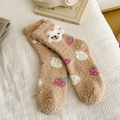 Brown coral fleece socks with cute bear and strawberry patterns for warm home wear - One Size / Light Brown