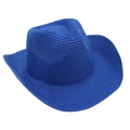 Detail of bright blue straw cowboy hat featuring fine woven texture and rolled brim - Sapphire Blue