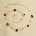 Golden stainless steel anklet with brown crystal flower charms and round gold beads - Bronze Necklace