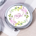 Silver round folding compact mirror with watercolor flowers and I love you text - Pink English I Love You