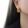 Chic 18K gold plated triple-layer hollow mesh C-shaped earrings with a beaded texture - Titanium Steel / Gold Earrings / Gold