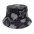 Détail du chapeau bob noir avec motifs blancs d'étoiles de mer et coquillages - M (56-58cm) / Noir
