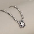 Silver-tone tennis necklace with emerald-cut zirconia pendant and halo diamonds - Square Pendant / Silver