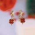 Pink lucky four-leaf clover earrings with pearls and crystals in gold finish - Original - Red Crystal Four-Leaf Clover Pearl [Copper Hoop]