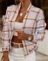Women's plaid bomber jacket with light blue and beige patterns and front zipper closure - S / Plaid