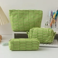 Three-piece green checkered knitted cosmetic bag set with striped storage pouch design - Beige and Green Stripes