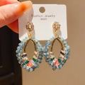 Boucles d'oreilles bohèmes bleu clair avec pierres roses et vertes en argent S925 - Tige en Argent 925 - Pendant Bohème Bleu et Doré