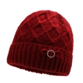 Thick wine red knit beanie for elderly women with quilted pattern and rhinestone bow - Red