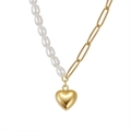 S925 silver necklace with white natural pearls and a gold heart pendant detail - Gold Heart Pearl Stitching(GPN33-14k)