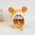 Warm baby knitted hat with orange slice ear design and windproof ties in yellow - Yellow Plush Fruit