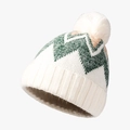 Beige winter beanie with colorful geometric patterns, soft faux fur pom and thick fleece lining - Light Green