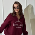 Detail of burgundy quarter-zip sweatshirt with screen-printed pasta and wine text - S / Thin Style / Burgundy
