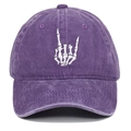 Close-up of white skeleton hand embroidery on washed purple cotton baseball cap - One Size / Purple