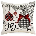 Weihnachtskissenbezug mit rotem Joy-Schriftzug und Karomustern auf Leinenoptik - Joy Weihnachtsdekoration zum Aufhängen / 45x45cm/Ohne Füllung