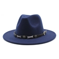 Close-up of a navy wool fedora hat featuring a leather band with silver star ornaments - Navy Blue