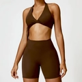 Women's chocolate brown workout set with twist neck bra and high waist slim shorts - S / Top And Bottom / Birch Tea Brown