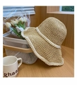 Beige woven straw sun hat with elegant pearl beading detail for summer beach travel - M (56-58cm) / Beige