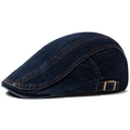 Dark blue denim newsboy cap with yellow contrast stitching and adjustable metal buckle - Adjustable / Dark Blue