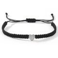 Adjustable black nylon braided bracelet with a matte heart pendant featuring letter I - Silver Heart-I / Black