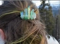 Handmade green iridescent crystal cluster hair comb on brown hair with natural setting - AB Green Silver