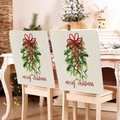 Beige linen Christmas chair covers with mistletoe prints and Merry Christmas text - Beige Mistletoe Bow (YT01-39)