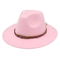 Detailed view of pink wool fedora hat with brown braided rope and skull metal charm - Pink