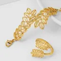 Vergoldeter offener Ring und Armband Set mit feiner Weizenähren-Blattstruktur - Ährenblatt Stil (Armband+Ring 3)