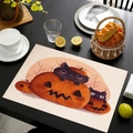 Linen placemat featuring Halloween black cat and pumpkin print on a dark table setup - Style 10