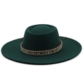 Classic dark green flat top wool felt boater hat with ethnic woven band and wide brim - M (56-58cm) / Dark Green