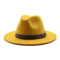 Detail of yellow wool fedora hat with dark leather band and gold metal rivet closure - M (56-58cm) / Yellow