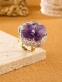 Detail of artistic ring with raw amethyst cluster, colorful rhinestones and gold band - Adjustable Open / Amethyst Cluster