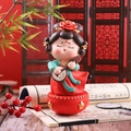 Traditional Chinese lady figurine with green top and red skirt holding a lute instrument - Lute Playing Style (1088-35) / 1 Piece (Large) / Red and Green