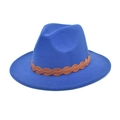 Close-up of a navy wool fedora hat featuring a brown faux leather braided decorative band - M (56-58cm) / Sapphire Blue