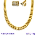 Golden 15mm hip hop cuban link necklace for men with rhinestones on white background - Gold Cuban Link Necklace Rhinestone Clasp 650x15mm(KN93823-Z)