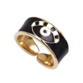 Adjustable gold evil eye ring featuring black and white enamel details on white background - Adjustable Open / Black