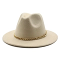 Classic beige wide brim wool fedora hat with stylish gold chain band decoration - 58cm One Size / Off White
