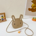 Detailed view of a brown rabbit-shaped PU leather mini crossbody bag for kids - Round Khaki