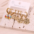 Three-set stainless steel clover earrings with colorful enamel charms in gold finish - Style 3