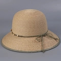 Detailed weave of beige raffia sun hat with green cord and wooden bead embellishment - M (56-58cm) / Grey Edge