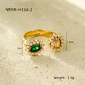 Golden double-layer open ring with green gemstone and pearl flower charms - Green Yellow Flower Pearl
