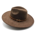 Sombrero Fedora marrón oscuro de ala ancha con banda de cuero y hebilla dorada elegante - M (56-59cm) / Ante / Marrón