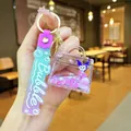 Macro view of Kuromi oil-filled bag keychain with floating glitters and purple strap - Gradient Strap Bag Shape White Character
