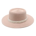 Detailed view of light pink straw hat featuring delicate white lace and pearl trim - M (56-58cm) / Pink
