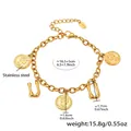 Golden stainless steel chain bracelet with embossed coin and U-shaped charm pendant - Gold-Letter U