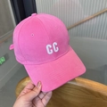 Detail of high-saturation pink baseball cap featuring 3D white CC letter embroidery - Rose Red
