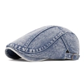 Berretto piatto vintage in denim blu lavato con cuciture a contrasto e fibbia regolabile - Azzurro