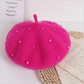 Rose red wool beret for girls featuring elegant faux pearl accents and a classic top tail - One Size / Rose Red