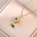 Rotating emerald sunflower pendant necklace with zircon flower petals in golden finish - Sunflower Necklace (X0570)